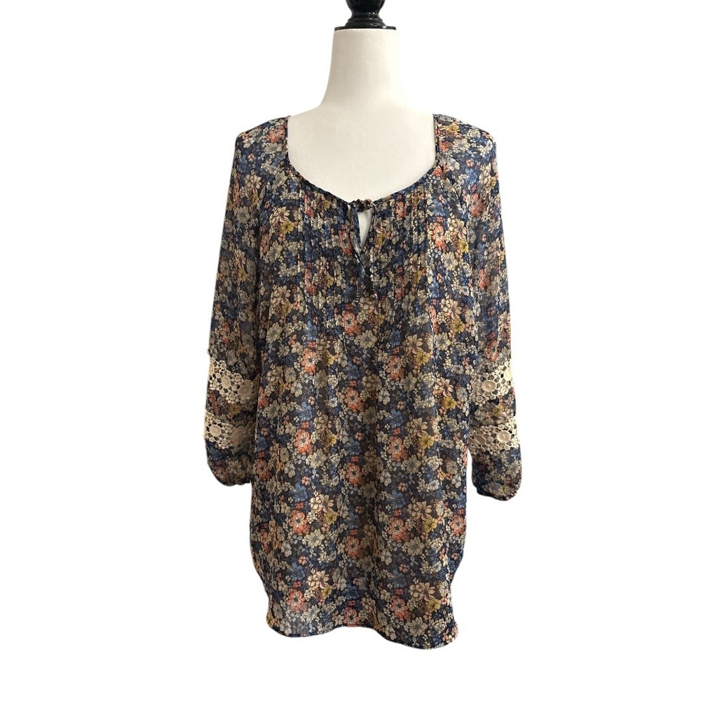 Westport‎ Floral Print Blouse Sheer Back Long Sleeve Tunic Top Boho Women's L